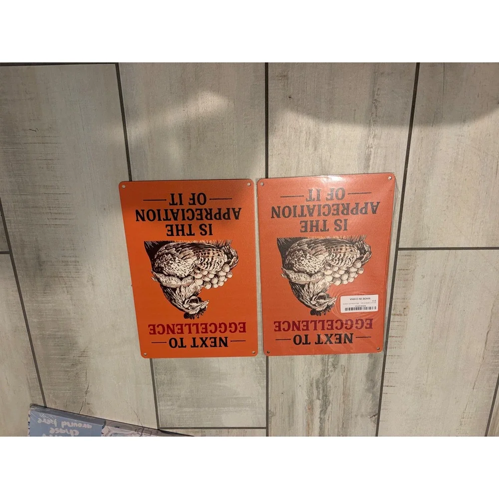 Set of 2 Chicken Eggcellence Metal Tin Signs Orange Farmhouse Kitchen Decor Wall